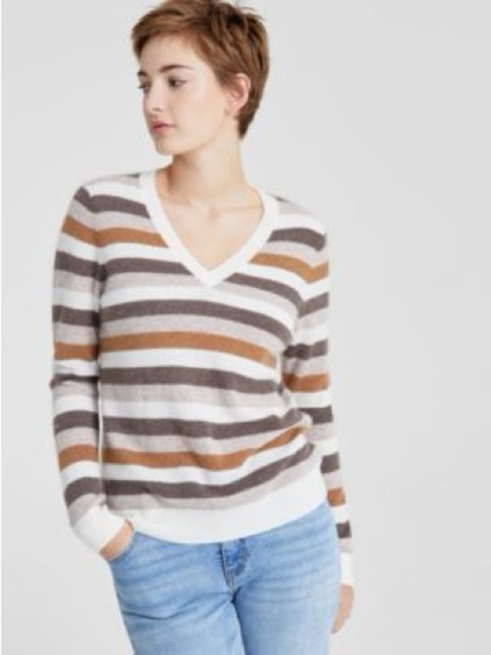 Charter Club Striped V-Neck Sweater in White, Brown & Tan